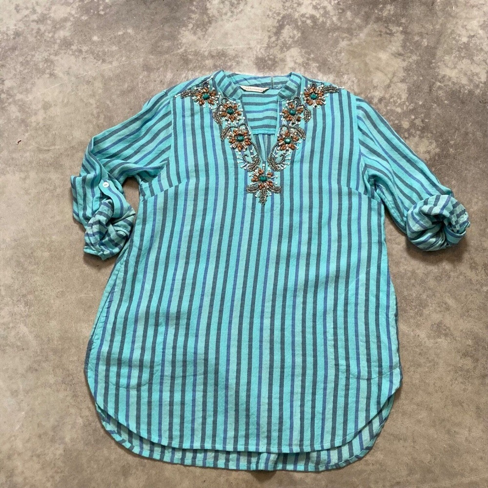 Soft Surrounding Shirt Womens sz‎ Small Boho Striped Blue Tunic Roll Tab Sleeve